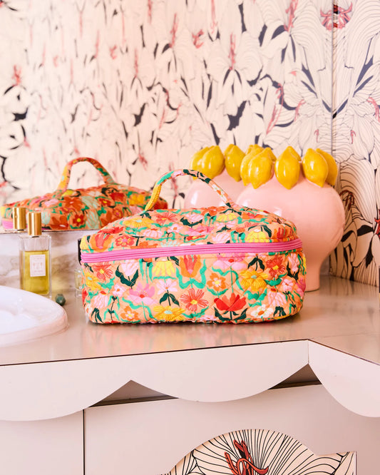Popping Flower Peach Quilted Cotton Toiletry Case