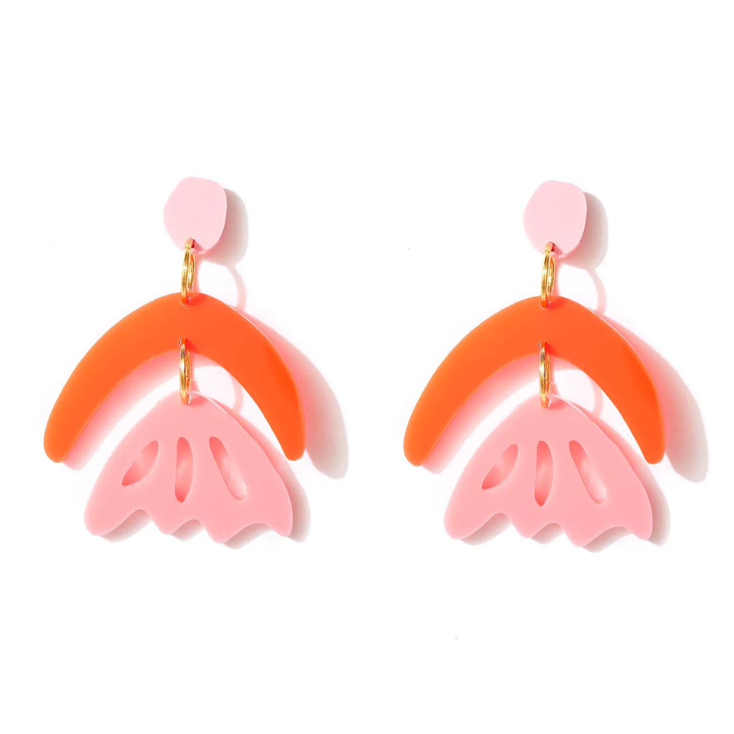 A pair of earrings with pink and red colors, consisting of three linked arch-shaped pieces.