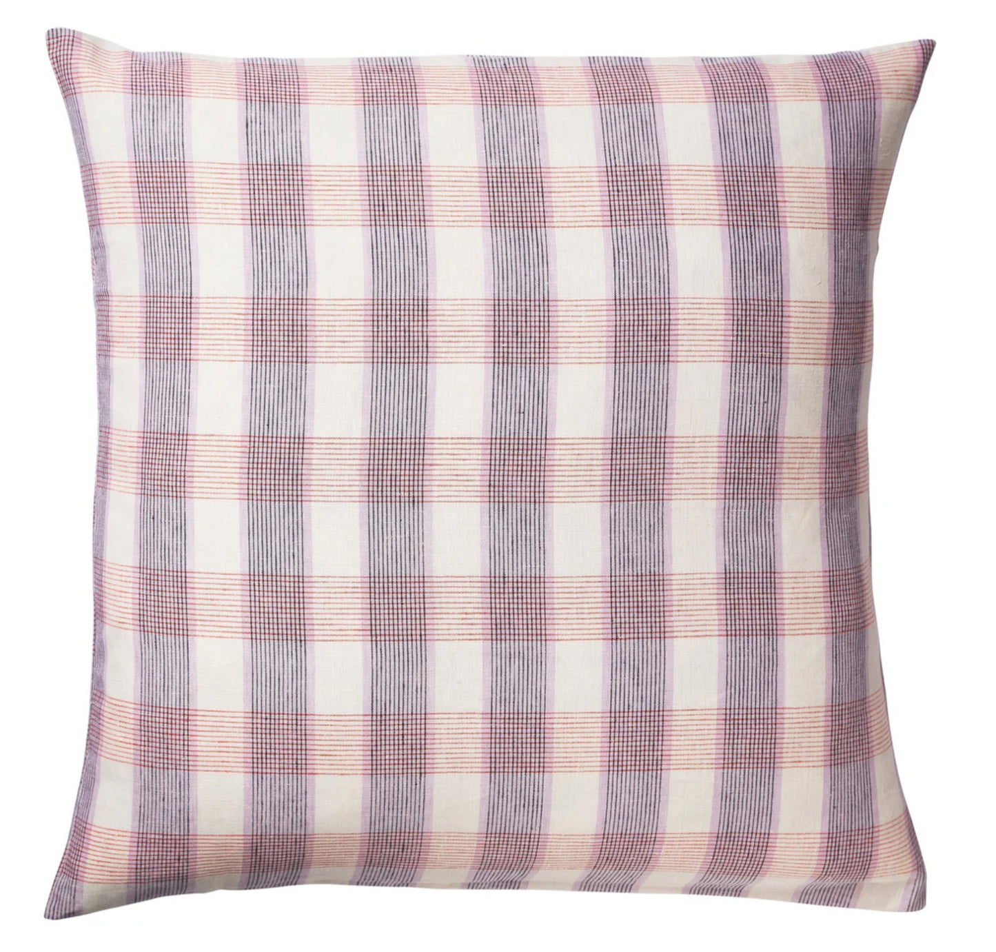 Plaid-patterned pillow with pink and purple stripes on a white background
