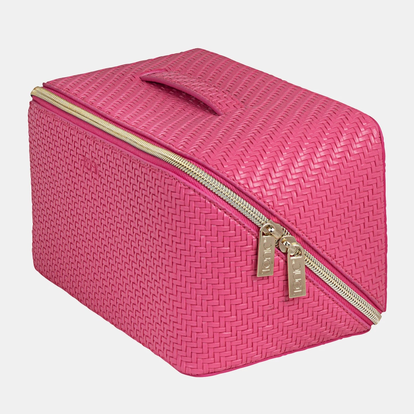 Pink woven rectangular beauty bag with gold zipper on a light gray background