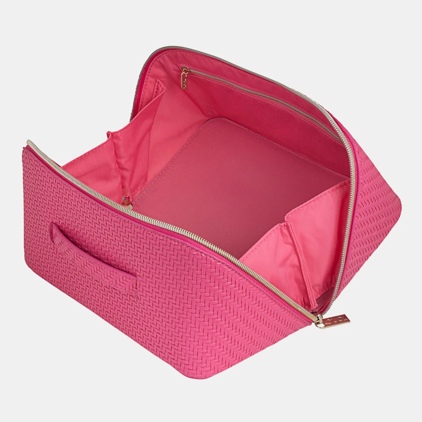 Pink textured storage bin with a gold zipper on a white background