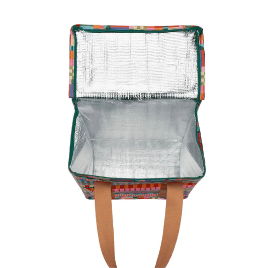 Insulated lunch bag with colorful pattern on a black background