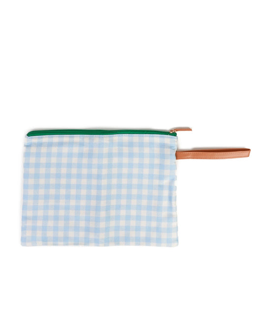 Blue and white checkered pouch with a green zipper on a white background