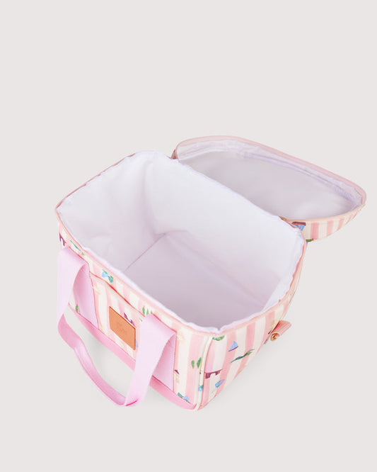Pink storage bag with a white interior on a light gray background