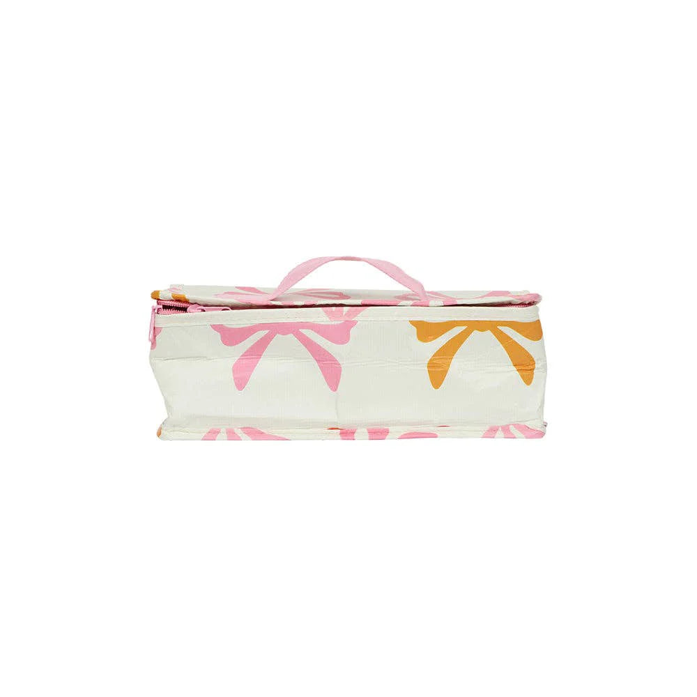 Pink and orange bow patterned bag with a handle on a white background