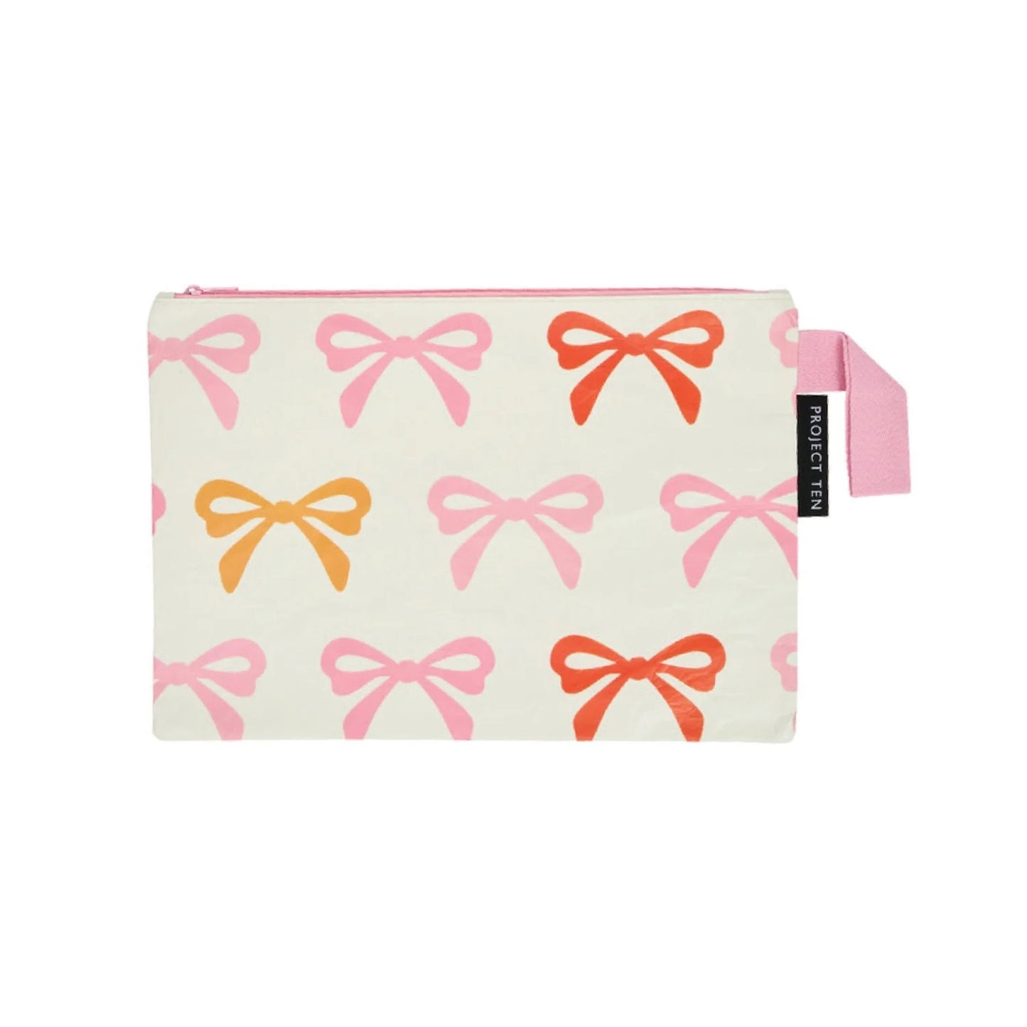 Pouch with colorful pink, orange and red bow pattern on a cream base with pink short strap. Product captured on a white background