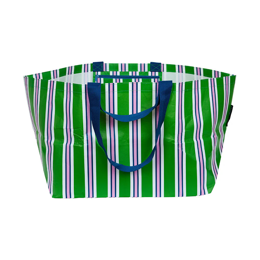 Green pink and blue stripe tote bag with two varying length blue handles on a white background