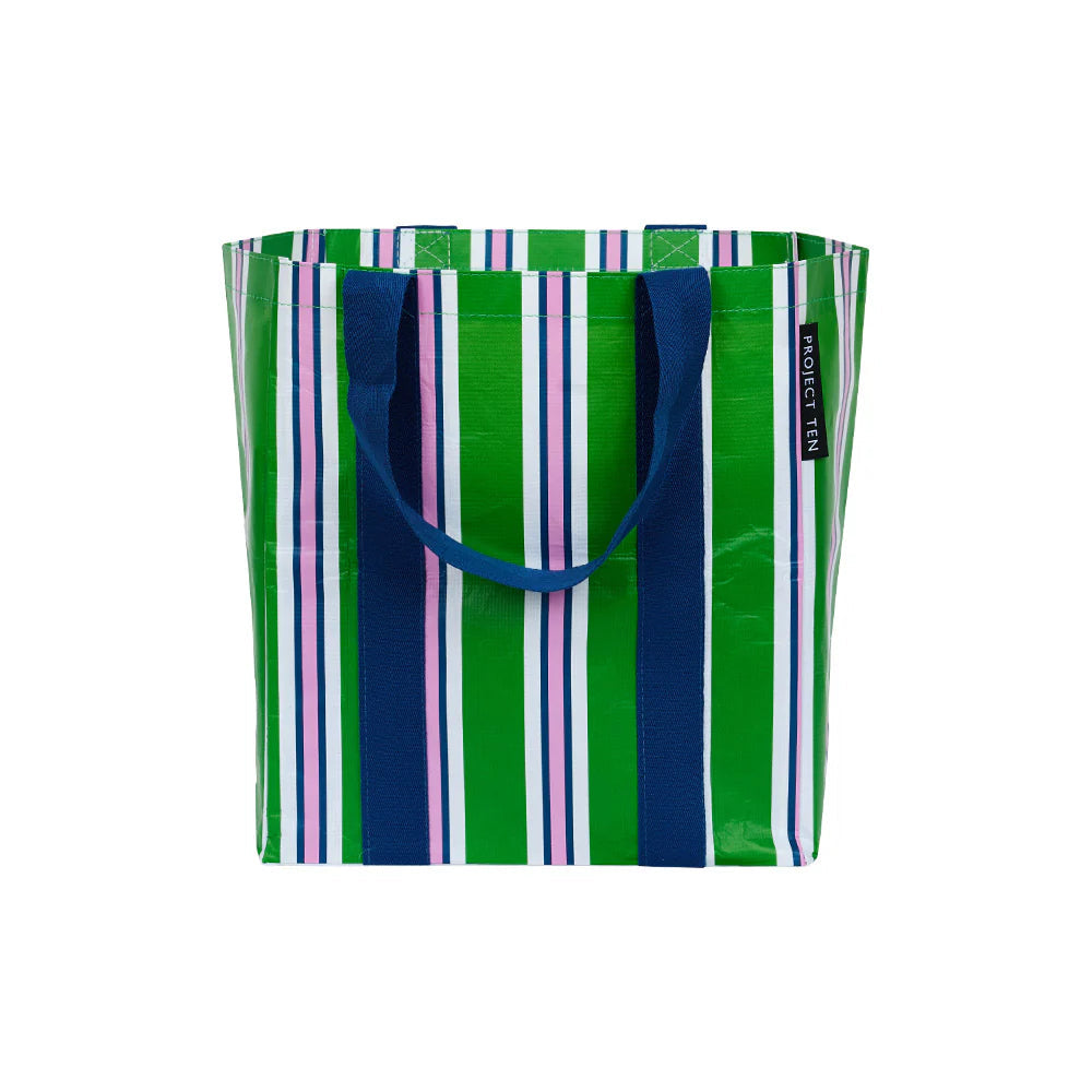 Striped tote bag with green, blue, white and pink stripes on a white background