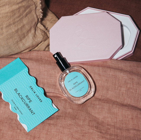 Perfume bottle with a matching packaging on a textured surface