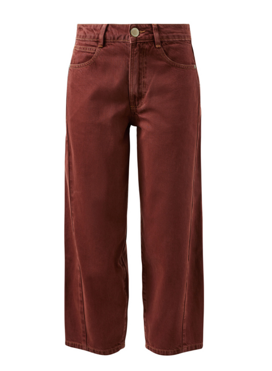 A pair of straight-leg cropped jeans in a washed reddish-brown or rust color, shown flat against a solid white background.