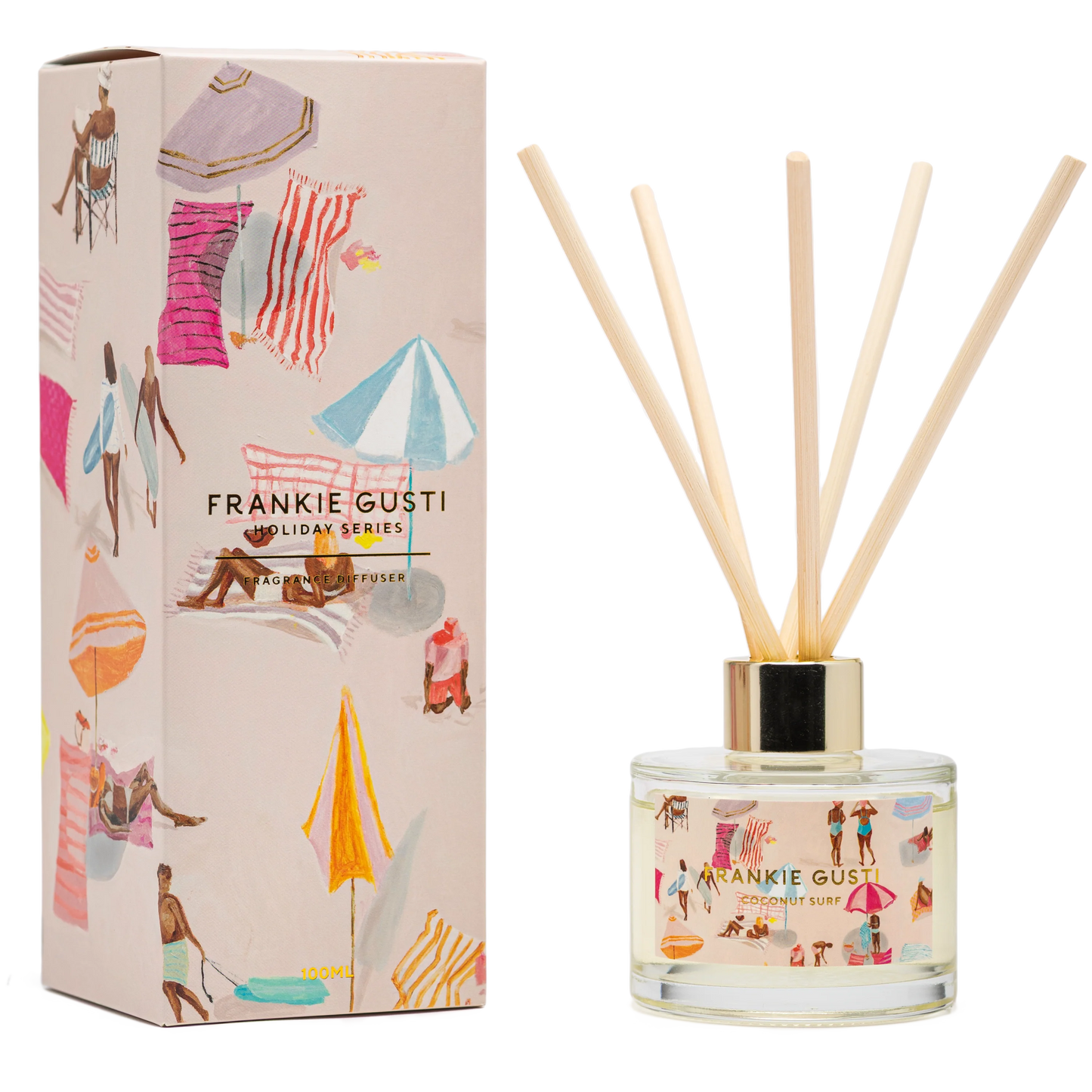 Frankie Gusti diffuser box and clear glass diffuser with reed sticks