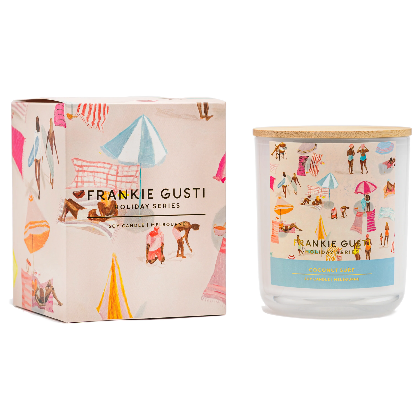Frankie Gusti candle and packaging with holiday-themed illustrations on a white background