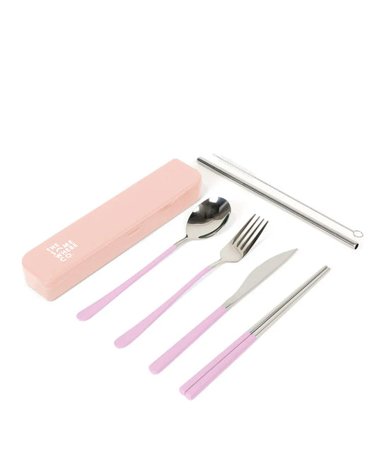 Cutlery set laid out with pink and silver colour, also comes with pink container for storage.