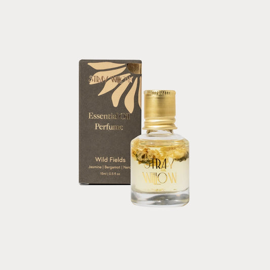 Stray Willow essential oil perfume bottle with packaging on a white background. Scent Jasmine, Bergamot and Neroli.