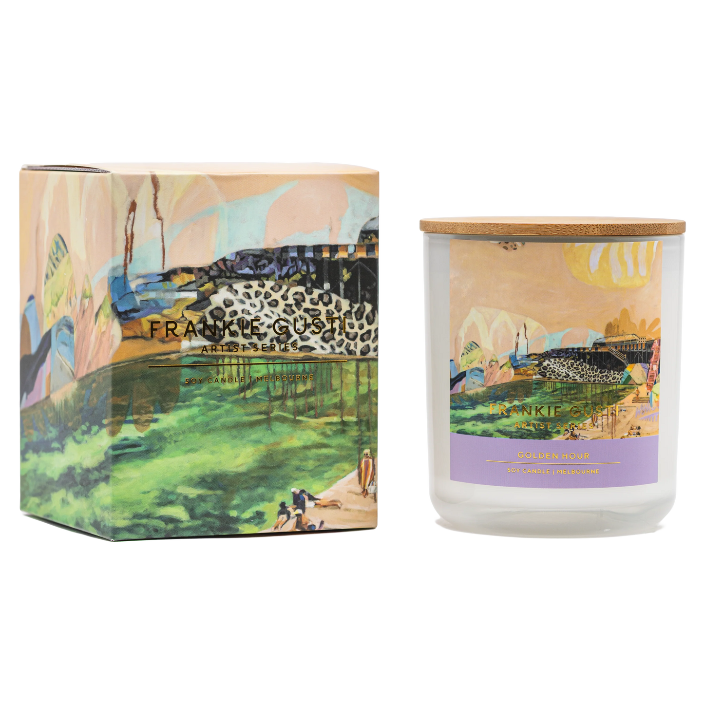 Candle and packaging with artistic design and brand name on a white background