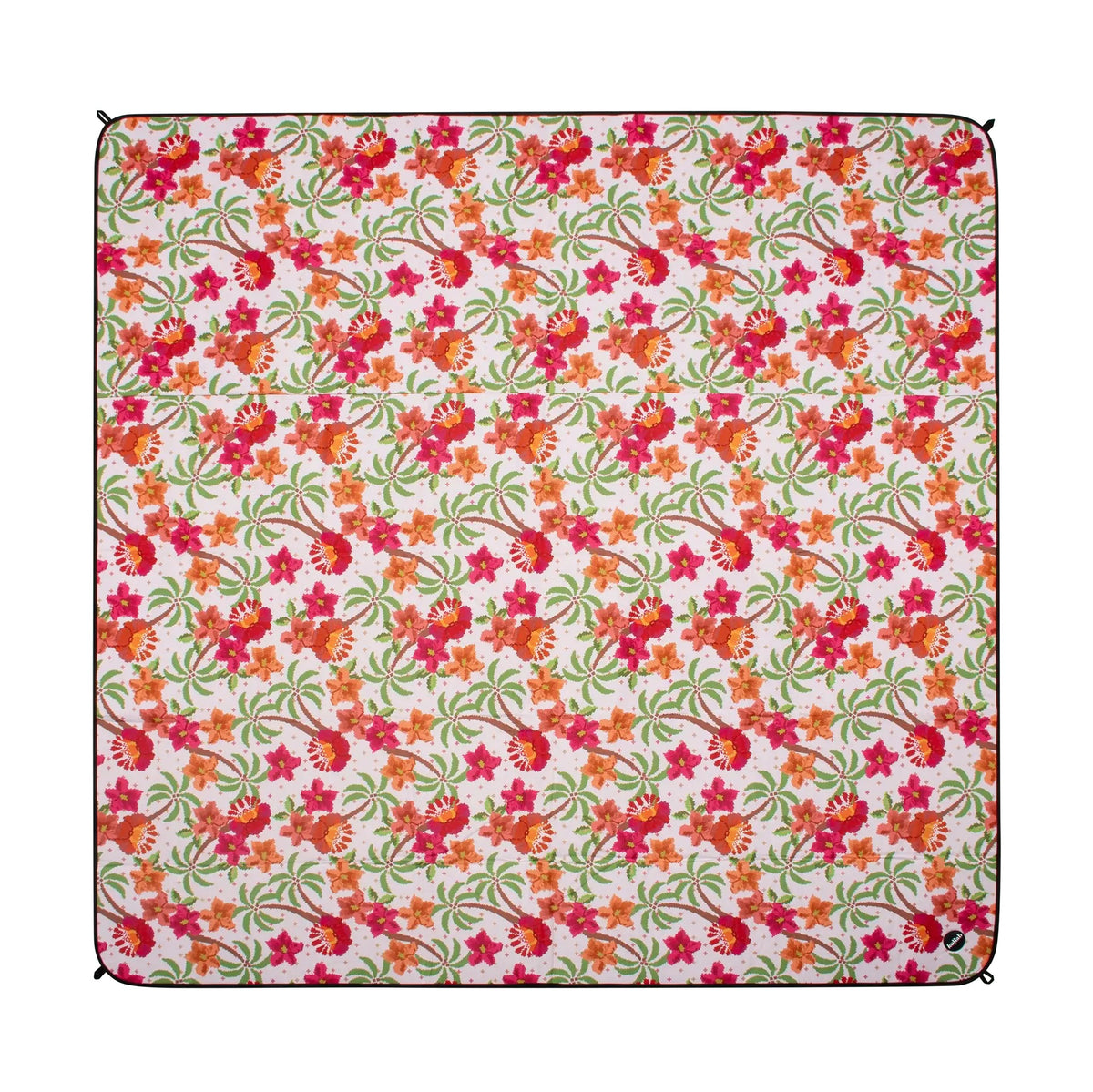 A square picnic mat featuring an all-over dense floral pattern with pink, orange, and green flowers on a white background, finished with a black stitched border.
