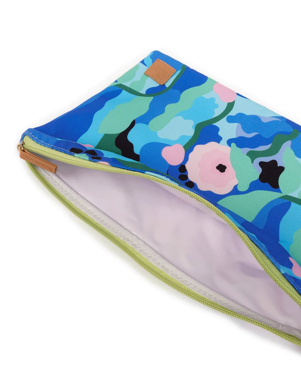 Floral-patterned pouch with a zipper on a white background