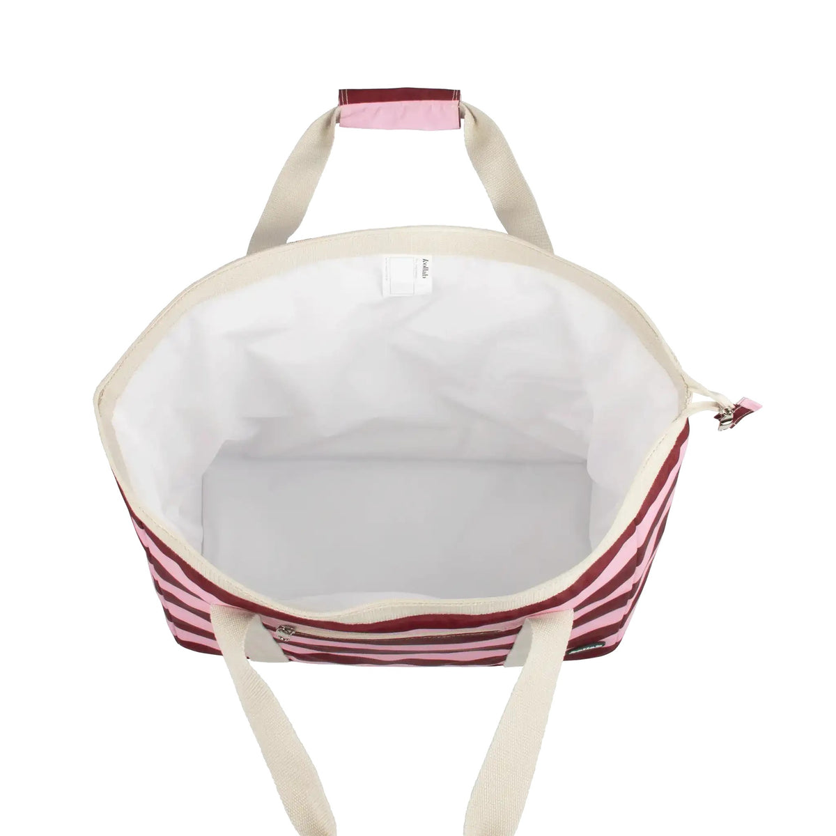 A striped tote bag with a white interior, featuring a red and white horizontal stripe pattern on the exterior, cream-colored handles, and a zipper closure.