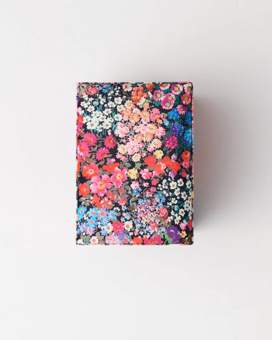 Showing pattern of jewellery box, black base with pink, red, yellow, blue, purple and white flowers.