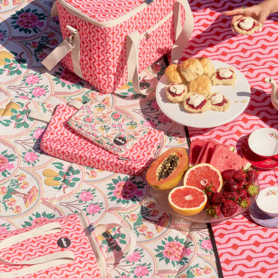 Picnic set up with picnic mats, wet bags, wine cooler bag and big picnic cooler bag and plate of fruit