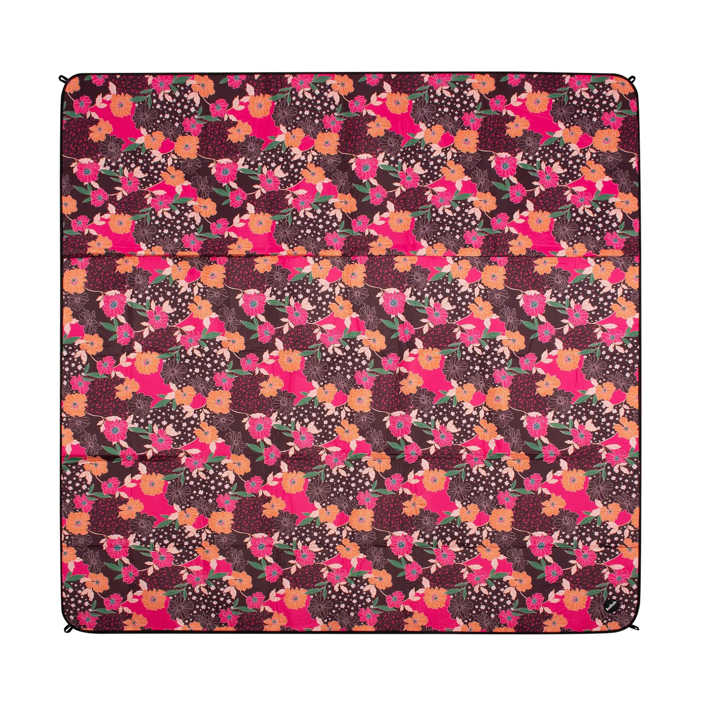 Floral patterned fabric with pink and orange flowers on a dark background