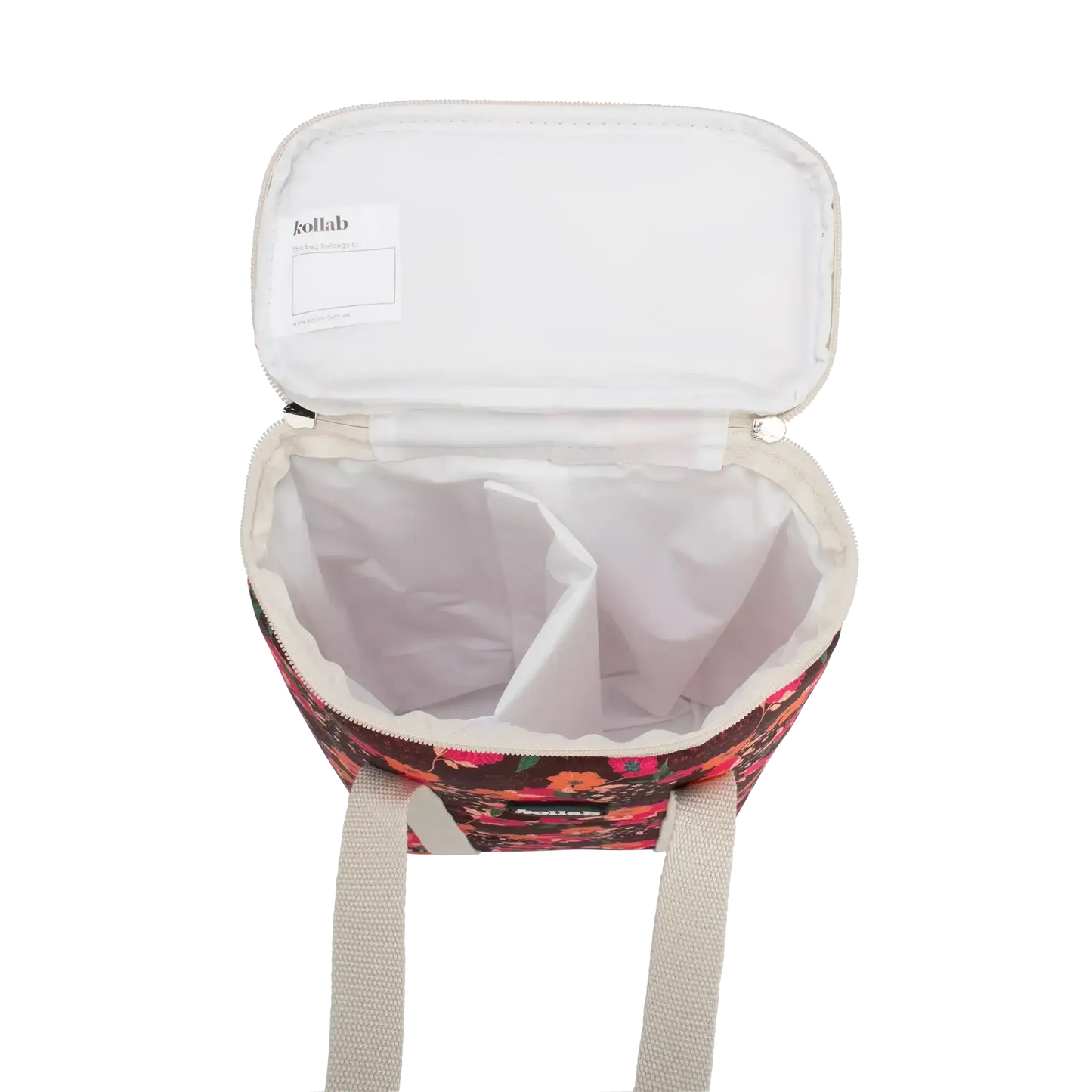 Floral-patterned cooler bag with a white lid on a white background