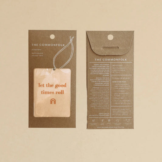 Kraft paper packaging with a tag and text on a beige background