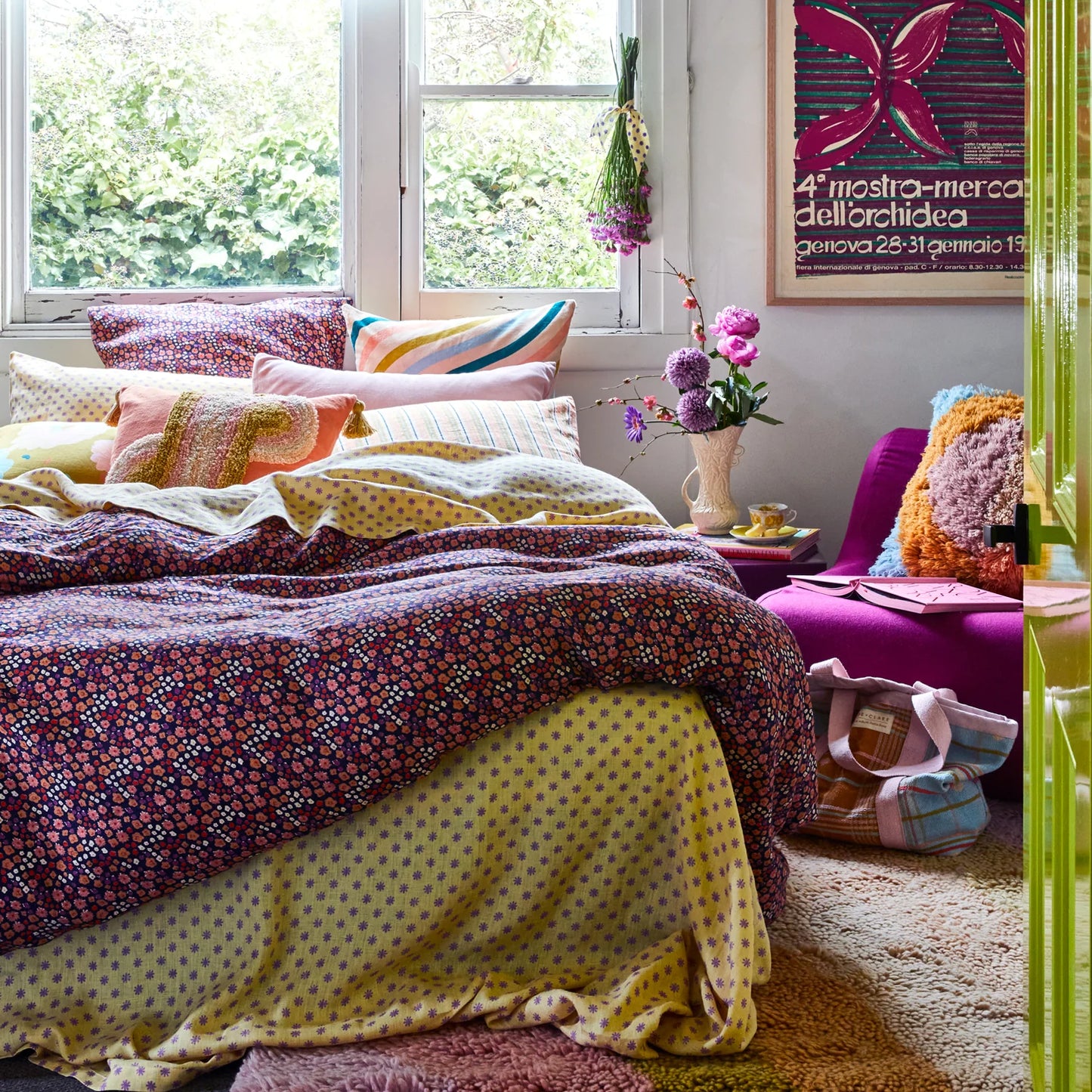 Colorful bedroom with patterned bedding and decor