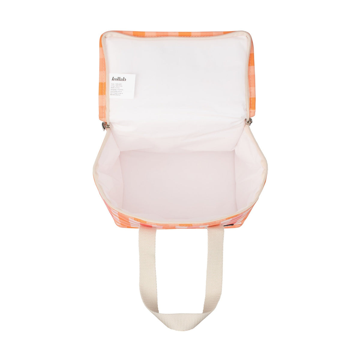 An open insulated lunch bag with a white interior, peach and orange gingham patterned exterior, and cream-colored shoulder straps, shown against a plain white background.