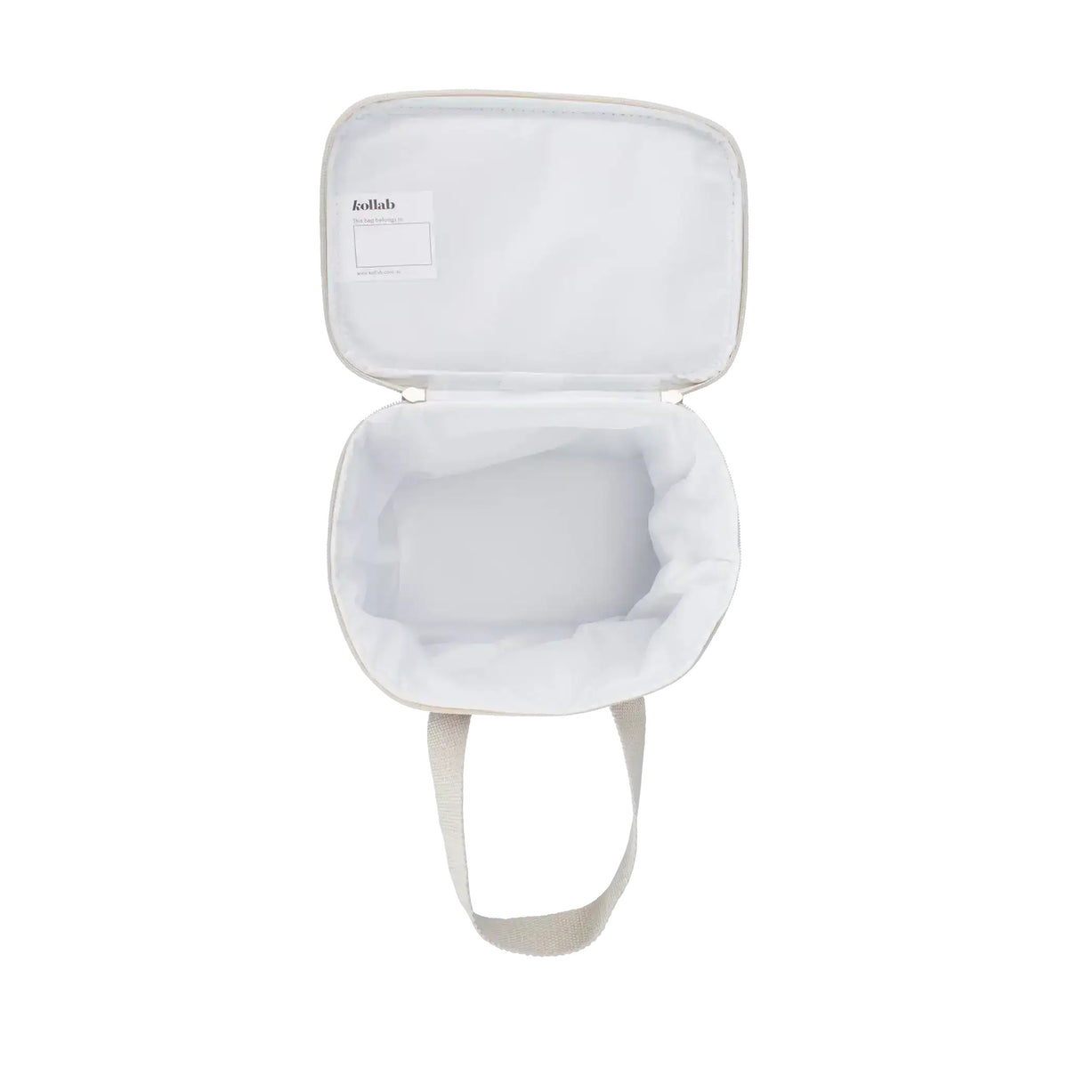 Inside of lunch box with a strap on a white background