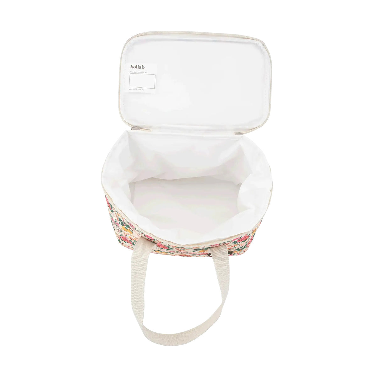 An open insulated tote bag with a white interior, cream fabric handles, and a multicolor floral pattern around the lower edge. The brand name 'Artfully' is printed inside the lid.