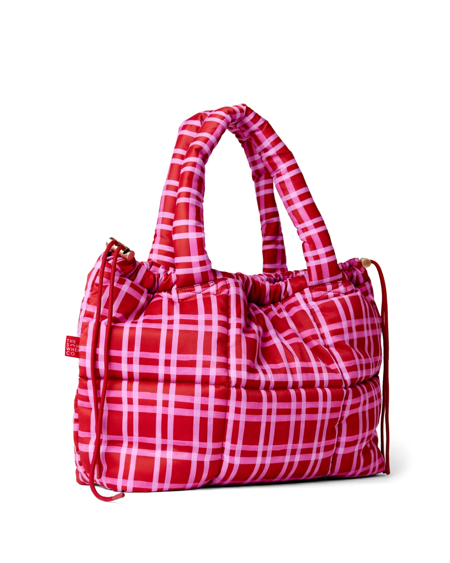 Red and white plaid handbag on a white background