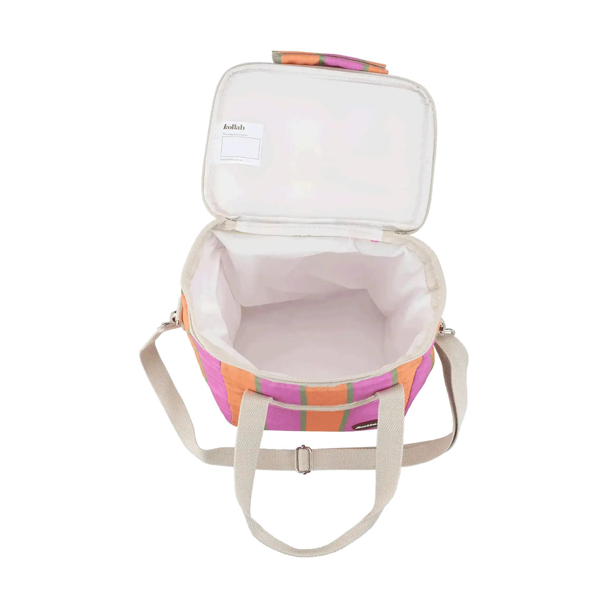 An open insulated tote bag with a pastel plaid pattern in pink, orange, and green, featuring a cream-colored interior and matching shoulder straps, shown on a solid white background.