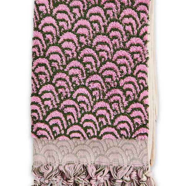 Hand Towel with pink and green pattern on a white background