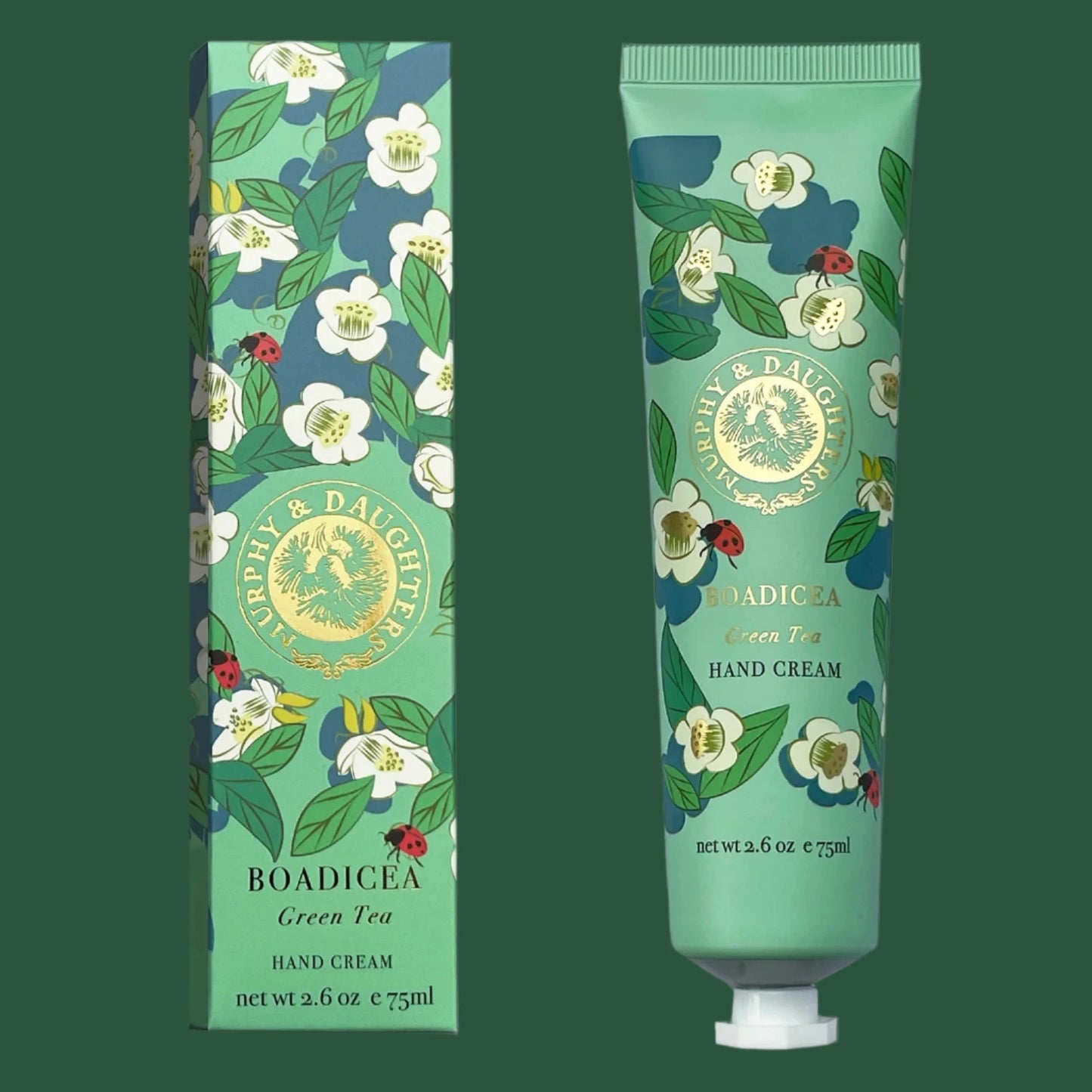 Packaging of BOADICEA Green Tea hand cream featuring floral patterns and the product tube with green branding, both displayed vertically.