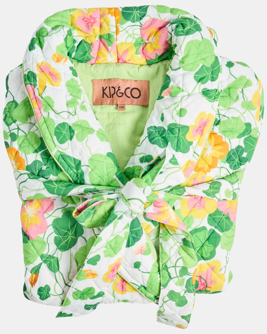 Floral-patterned robe with a brand label on a white background