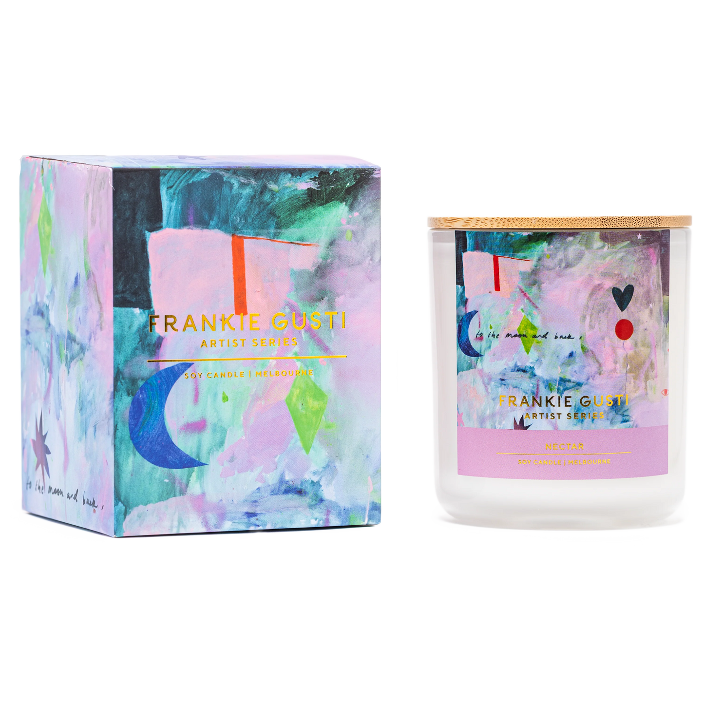 Candle jar sat next to box with blue pink red abstract artwork