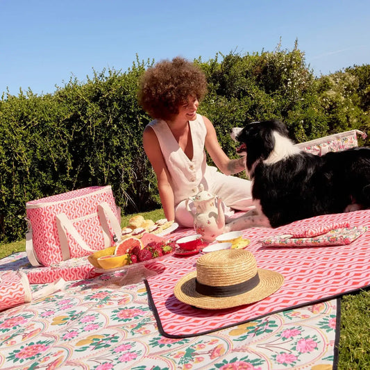 A woman in a white outfit sits on a pink and white picnic blanket outdoors with a black and white dog, surrounded by picnic items including a matching tote bag, plates, and a straw hat. Green hedges and blue sky are visible in the background.