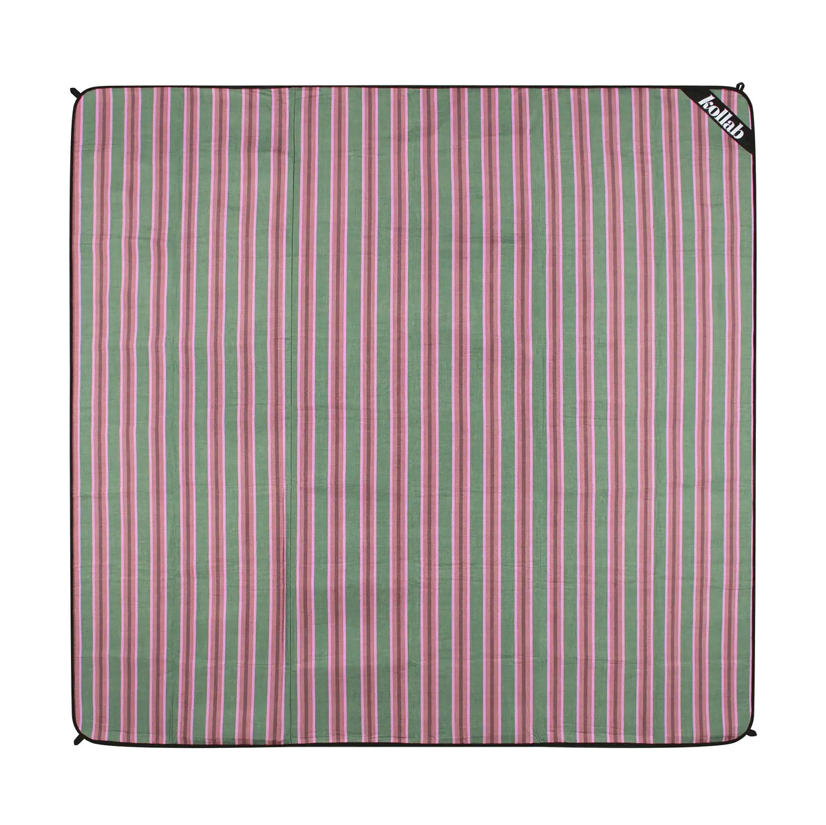 A square picnic blanket with a vertical stripe pattern in pink and sage green, featuring a black stitched border and a black corner tag with the brand name 'Kollab'.