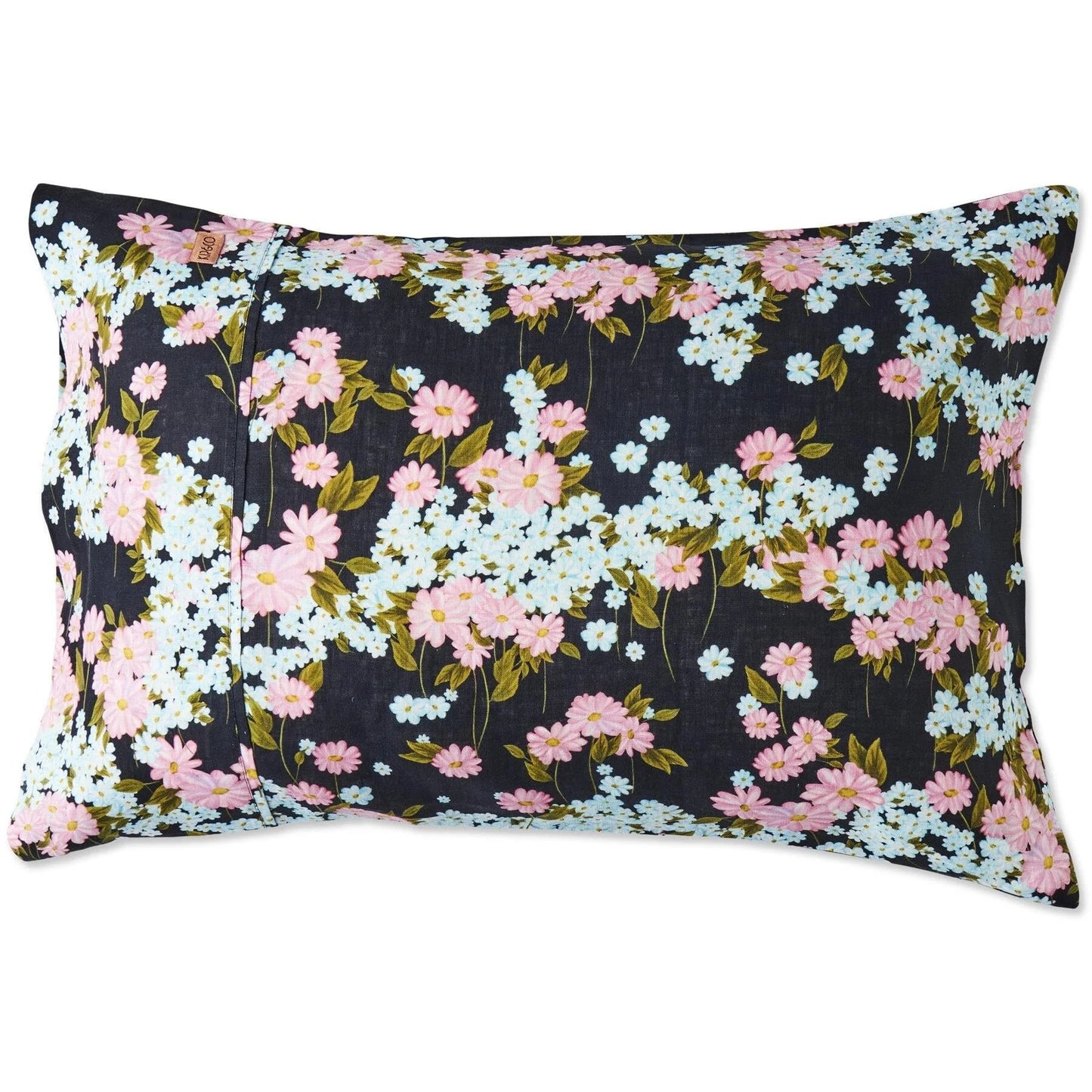 Floral-patterned pillow with pink and white flowers on a dark background