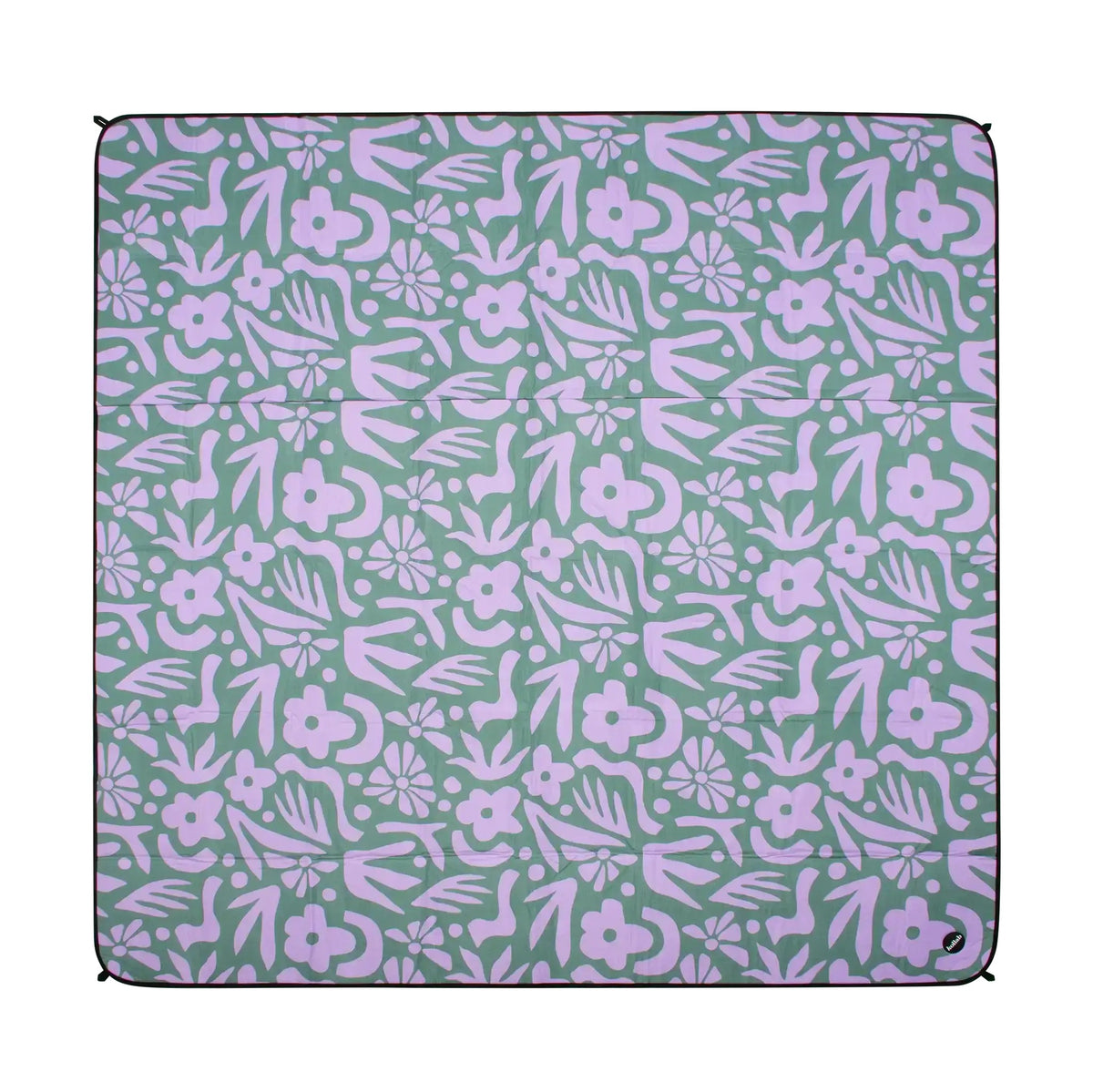 A square picnic mat featuring a repeating folk-art style pattern of lavender flowers, leaves, and abstract shapes on a muted sage green background.