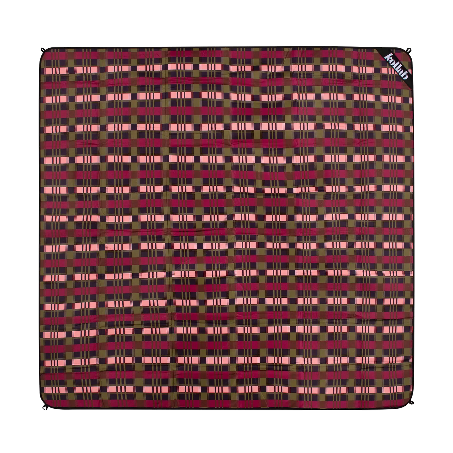 Plaid patterned blanket with visible brand logo on a white background
