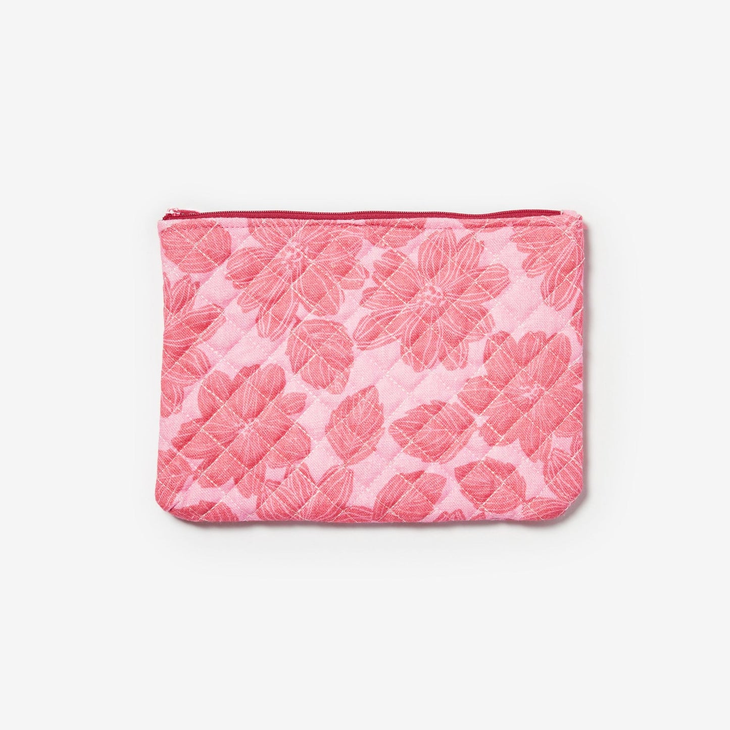 Pink pouch with floral pattern on a white background