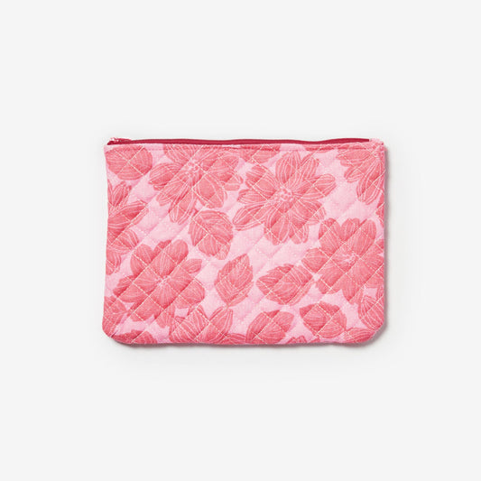 Pink pouch with floral pattern on a white background