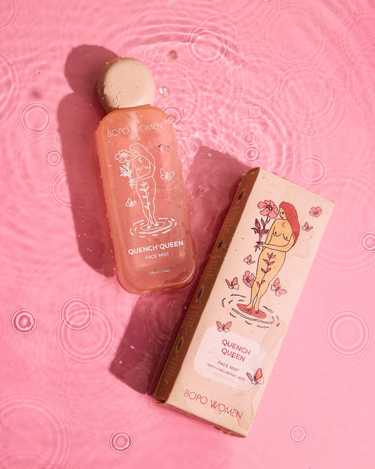 Bottle and packaging of a face mist product on a pink water background