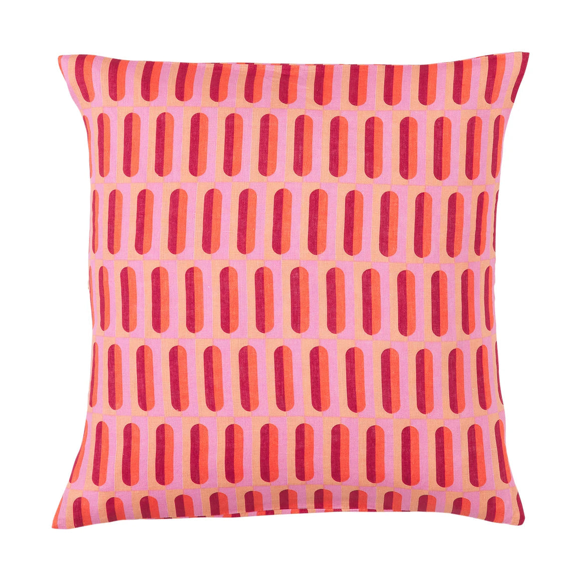 Decorative pillow with red and pink striped pattern on a white background