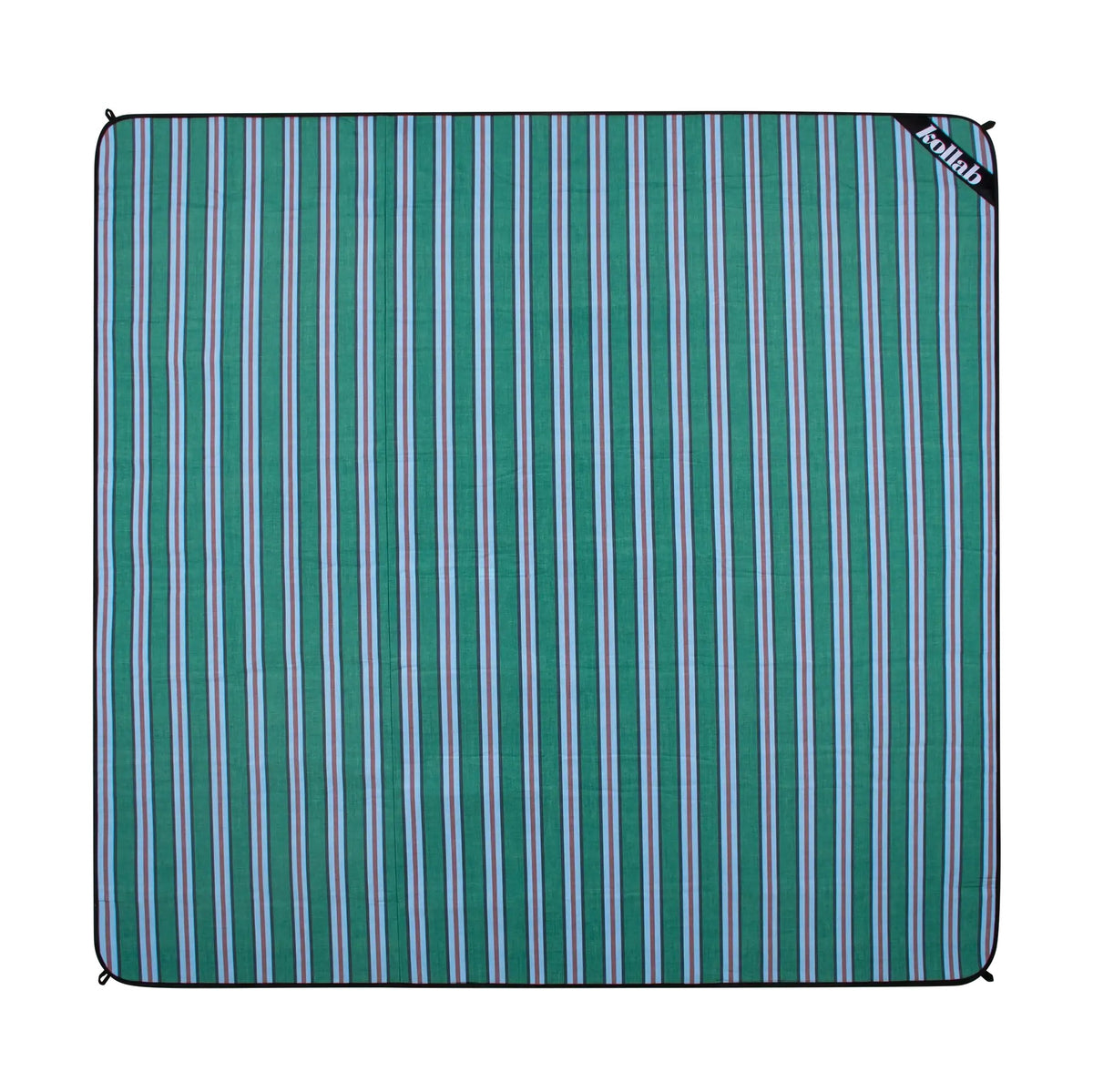 A square outdoor blanket with a vertical stripe pattern in teal green, light blue, and white, featuring a black corner tab with the brand name 'KOLLAB' in white text.