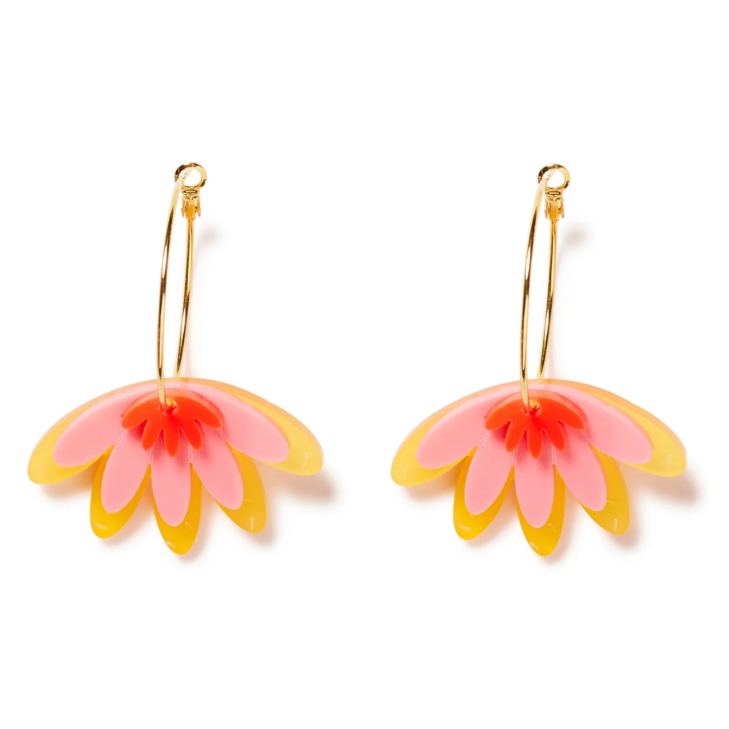 A pair of earrings with a red, orange, and yellow flower design on a white background.
