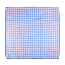A square blue and white gingham picnic blanket with a black stitched border and a small white logo in the bottom-left corner, shown flat against a white background.
