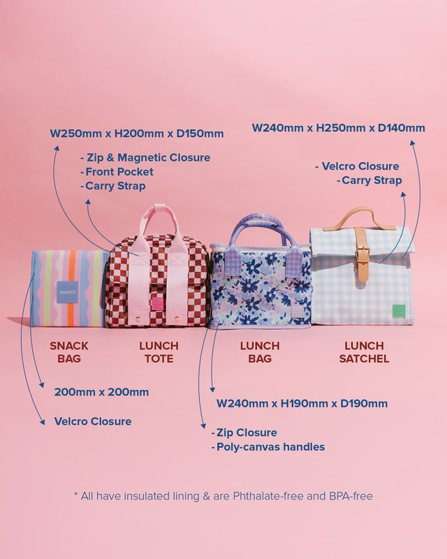 Four insulated tote and lunch bag styles on a pink background with blue measurement callouts and text describing dimensions and closure features.